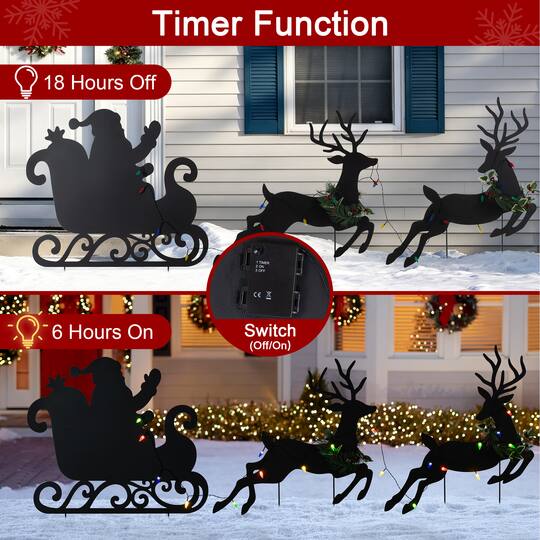 Glitzhome® 36" Set of 3 Christmas Lighted Metal Reindeer & Santa Sleigh Yard Stake with Timer